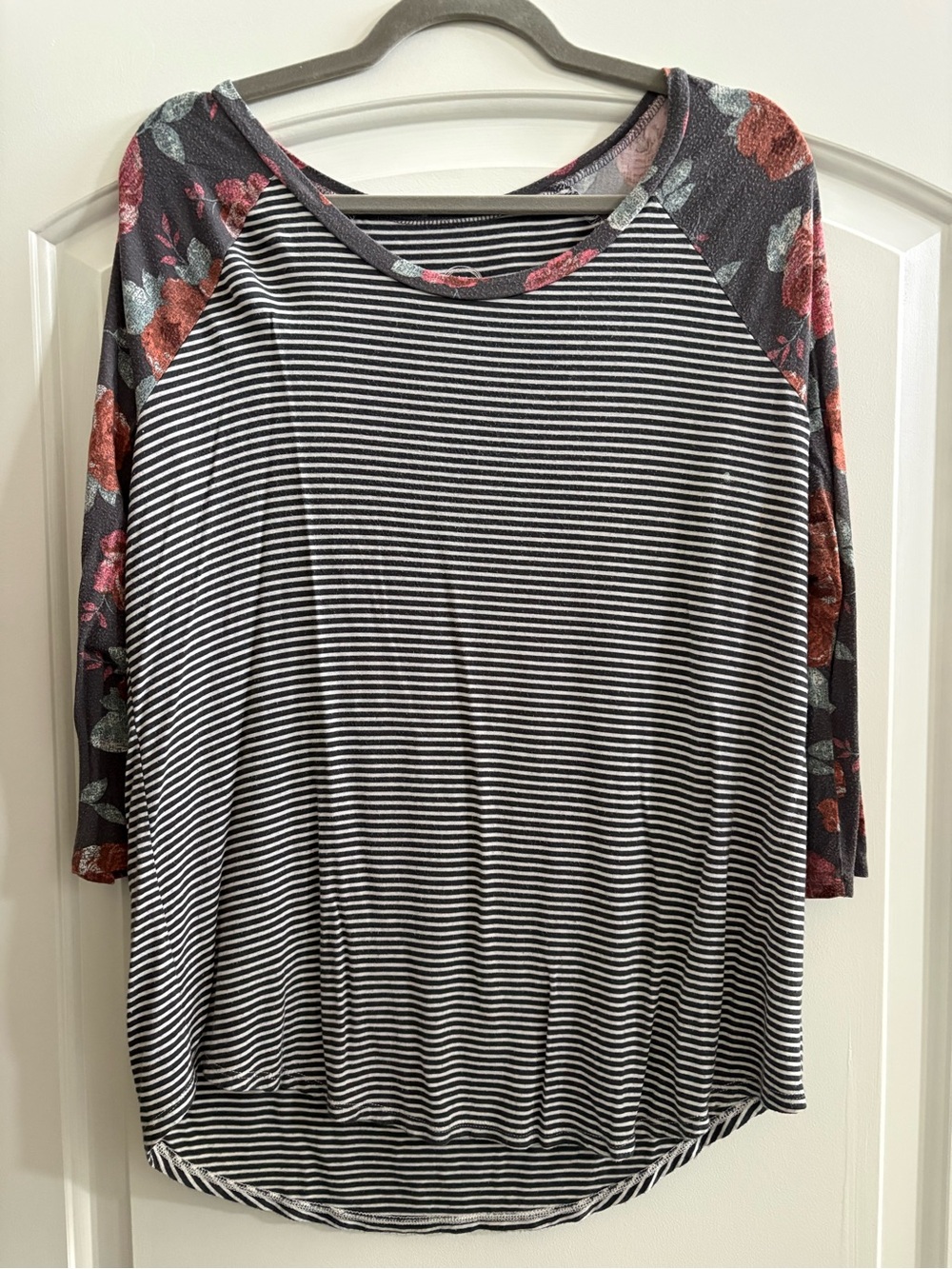 Striped Raglan Sleeve Top with Floral Accents - Black & Rust